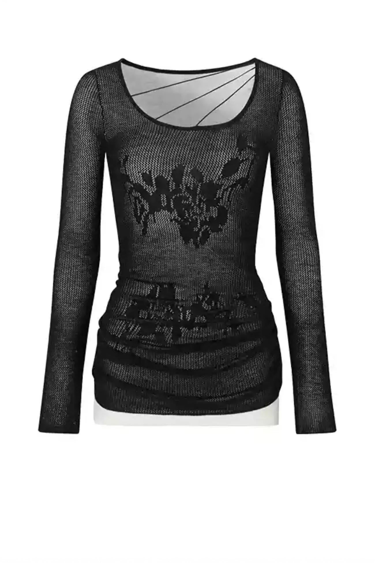 Black Mesh Design Long Sleeve Top