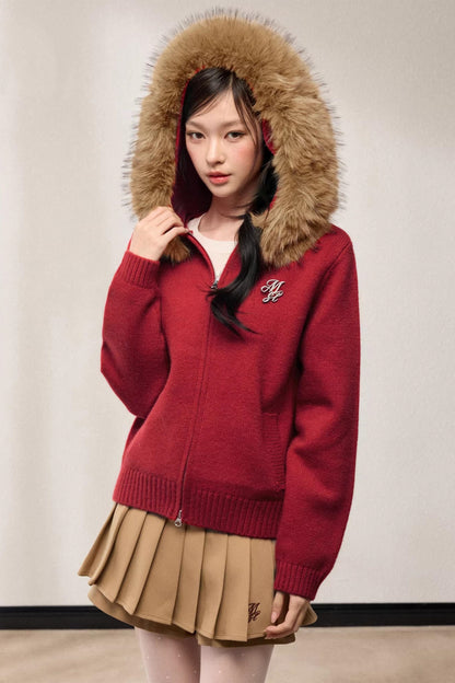 Fur Collar Hooded Cardigan