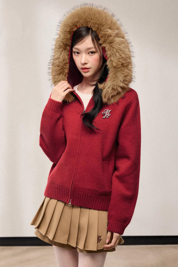 Fur Collar Hooded Cardigan