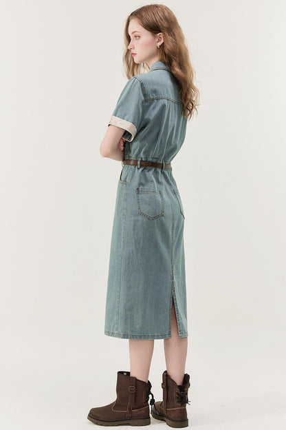 Denim Blue Spliced A-Line Dress