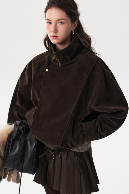 Asymmetrical Stand-Up Collar Waist Jacket