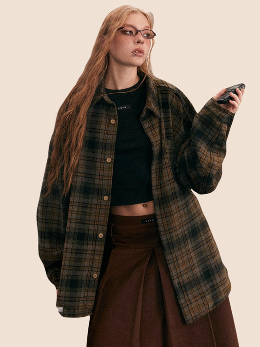 EZEK Original American Retro Plaid Thickened Casual Shirt Jacket Women's Spring and Autumn Loose Long Sleeve Tweed Shirt Tide