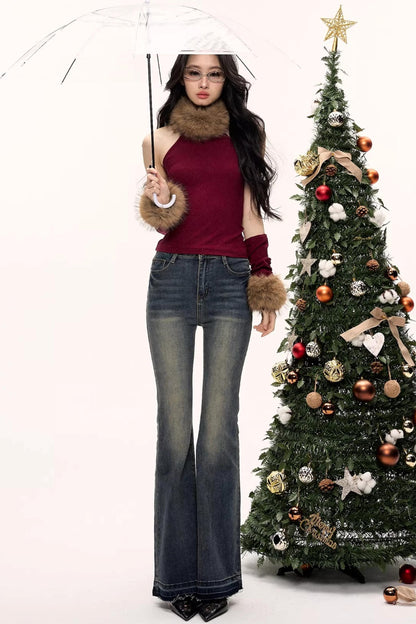 Color-Blocked Fur Collar Vest