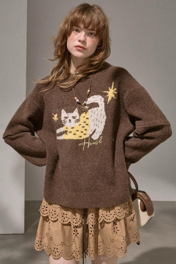 Cute Kitten Crew Neck Knit Sweater
