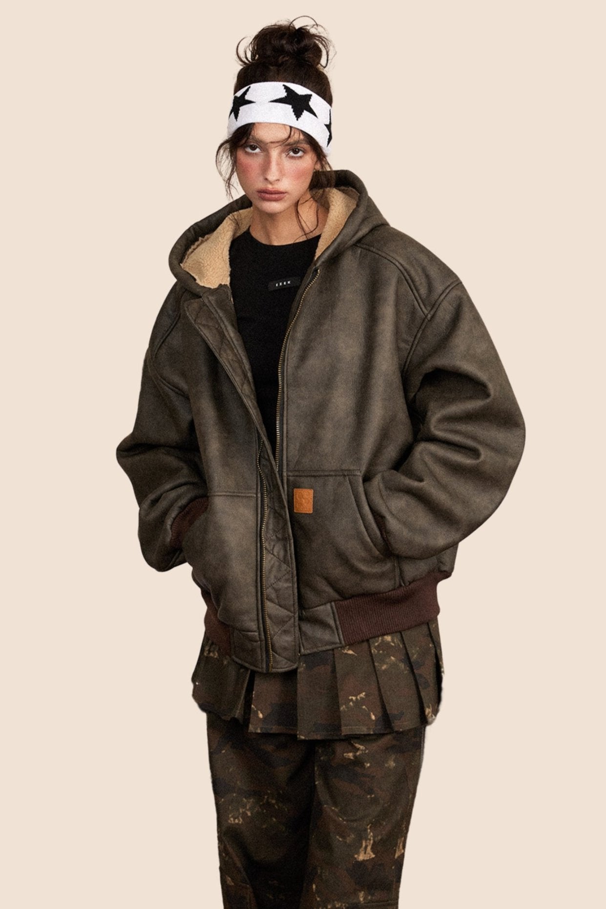 Distressed Fur Fleece Hooded Jacket