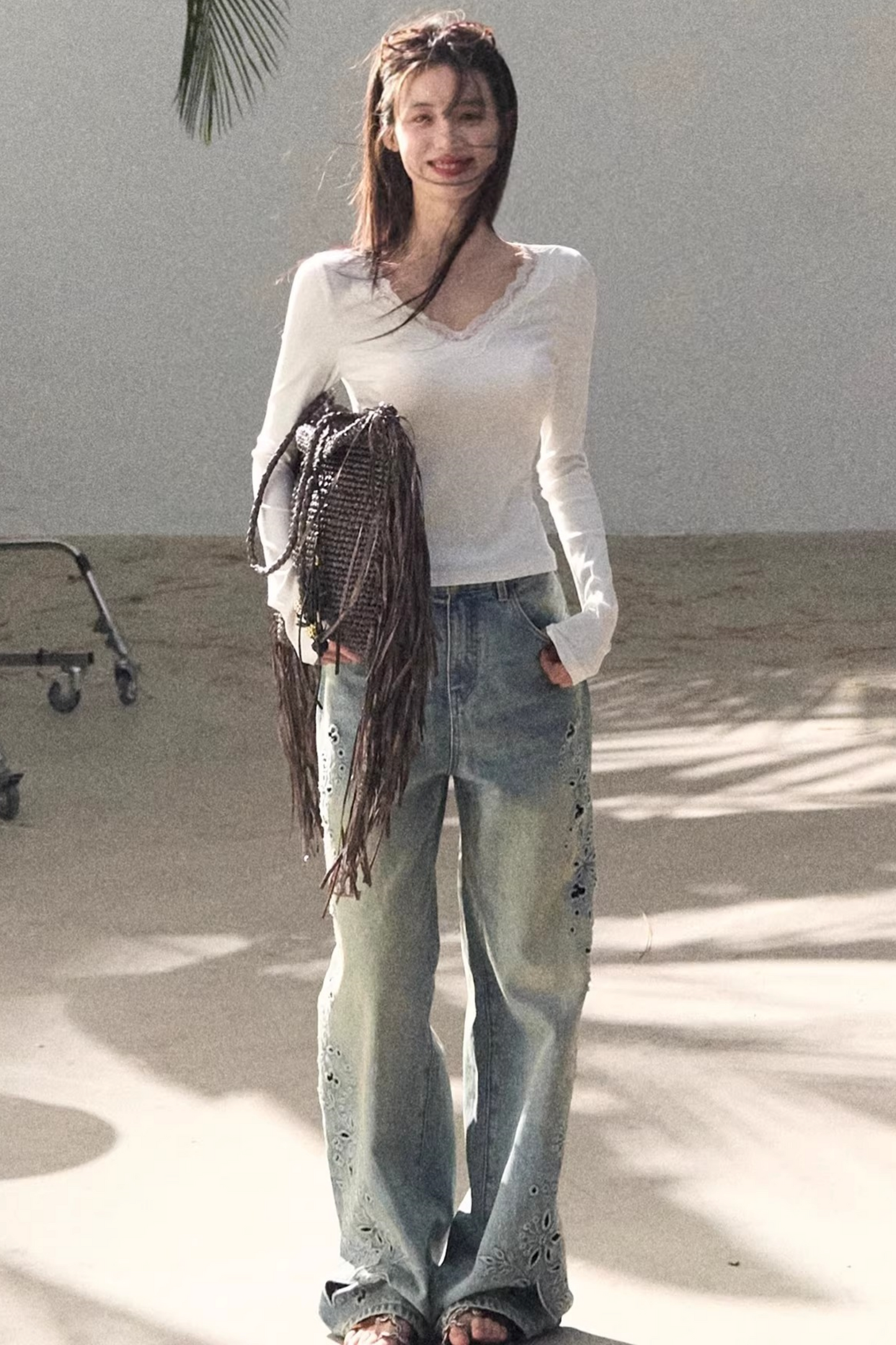 Laser Embroidery Distressed Jeans