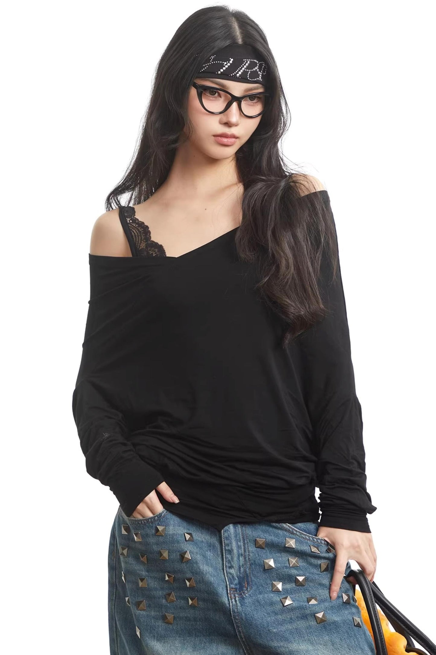 Lace Splicing Off-Shoulder Top