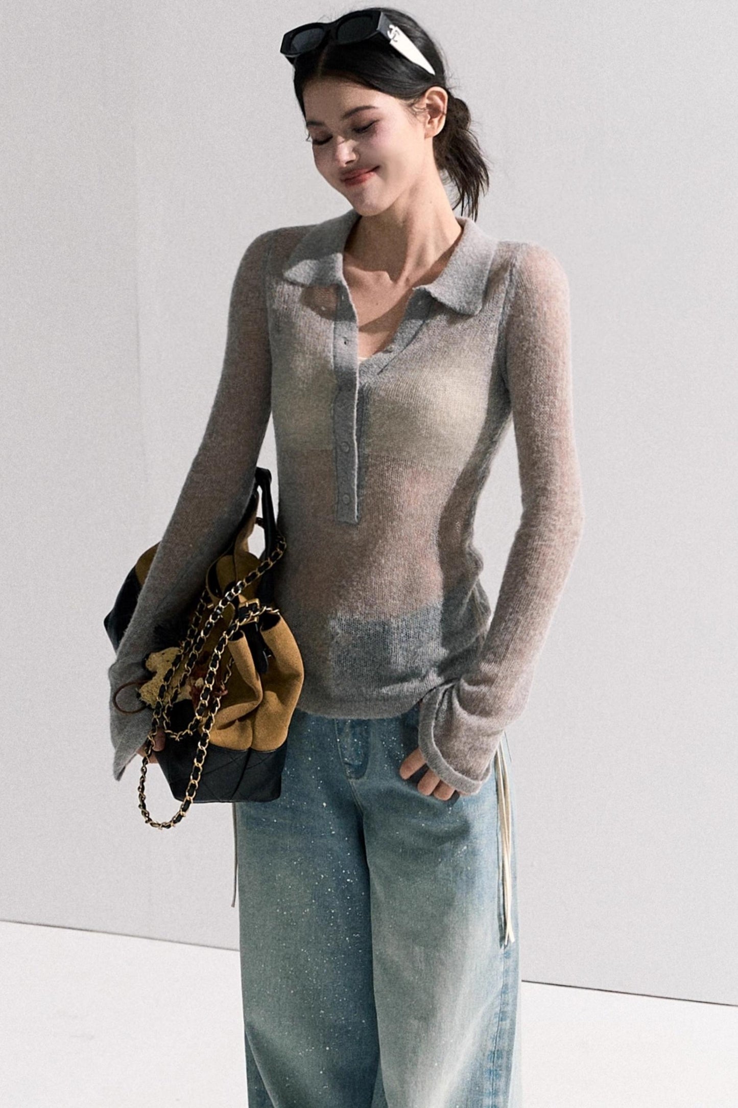 V-Neck Long Sleeve Wool Knit Top