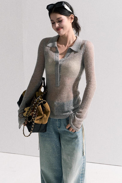 V-Neck Long Sleeve Wool Knit Top