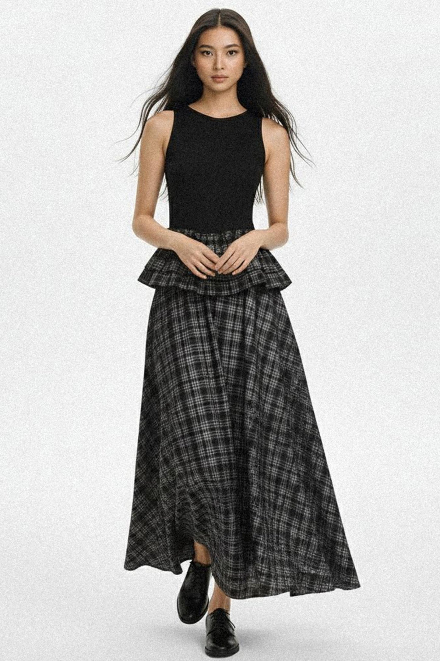 Knit Plaid V-Lace A-Line Maxi Dress