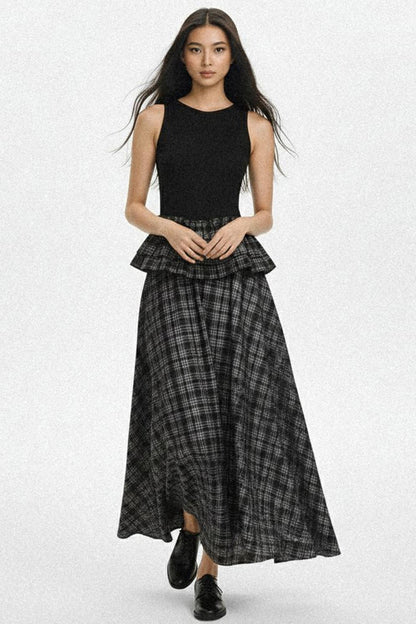 Knit Plaid V-Lace A-Line Maxi Dress