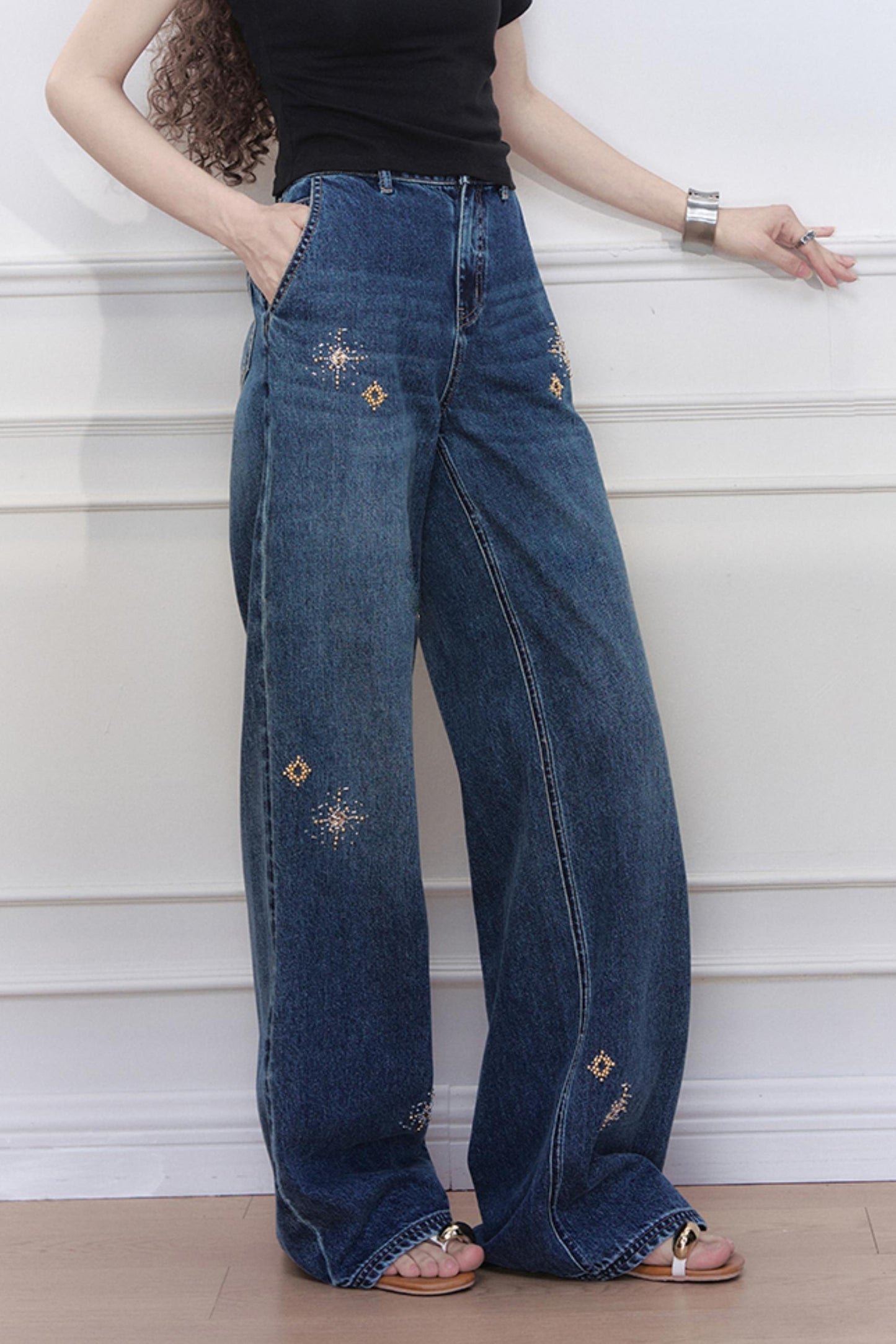 Blue Star Embroidered Wide-Leg Jeans