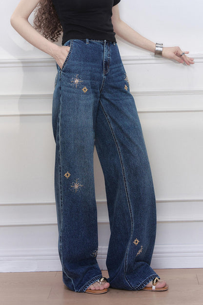 Blue Star Embroidered Wide-Leg Jeans
