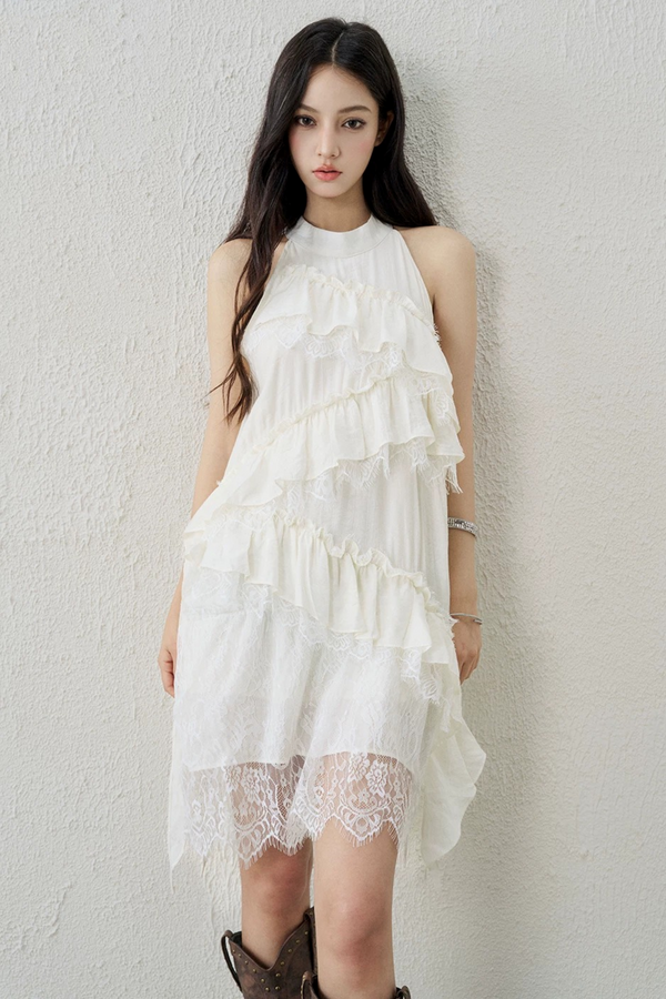 Apricot Lace Ruffle Dress