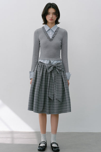 Gray Knit Patchwork Vertical Striped Fungus Edge Top