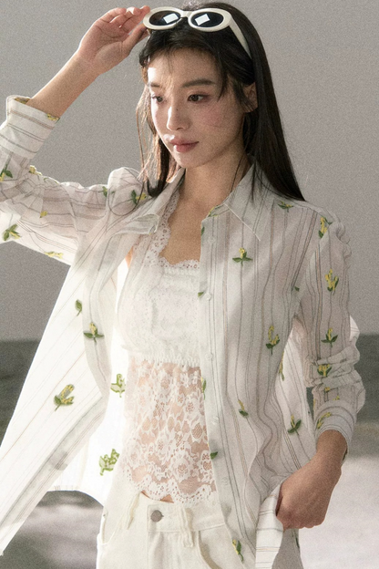 Striped Floral Sunscreen Shirt Set-Up