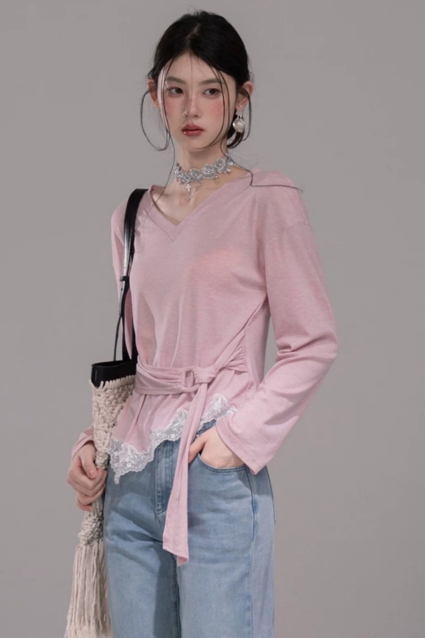 Peach Pink Lace Tie Blouse