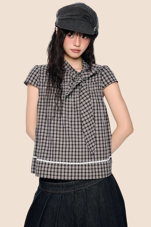 Top color block con lazo a cuadros