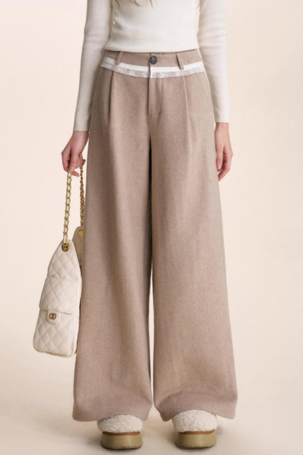 Lace Patchwork Wool Wide-Leg Pants