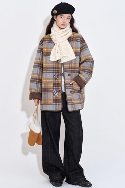 Handmade Textured Plaid Woolen Coat