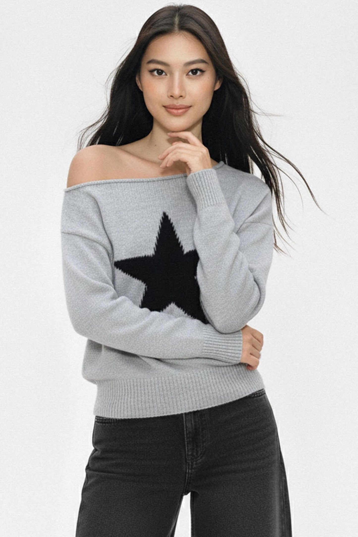 Contrasting Star Off-Shoulder Sweater