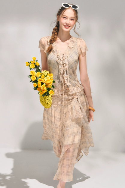 Completo a Due Pezzi Retro a Quadri in Chiffon