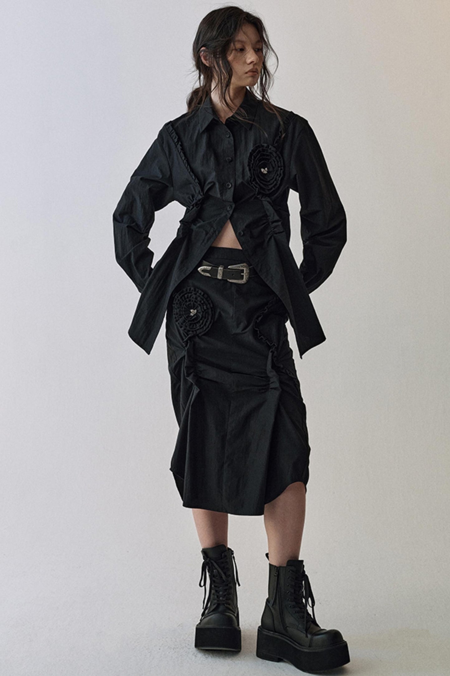 Gothic Plaid Flower Shirt & Skirt Set-Up