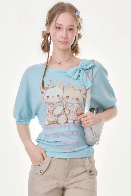 Playful Cat Print Light Blue T-Shirt