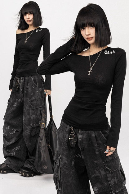 Autumn Retro Black Slanted Shoulder Long Sleeve Slim Top