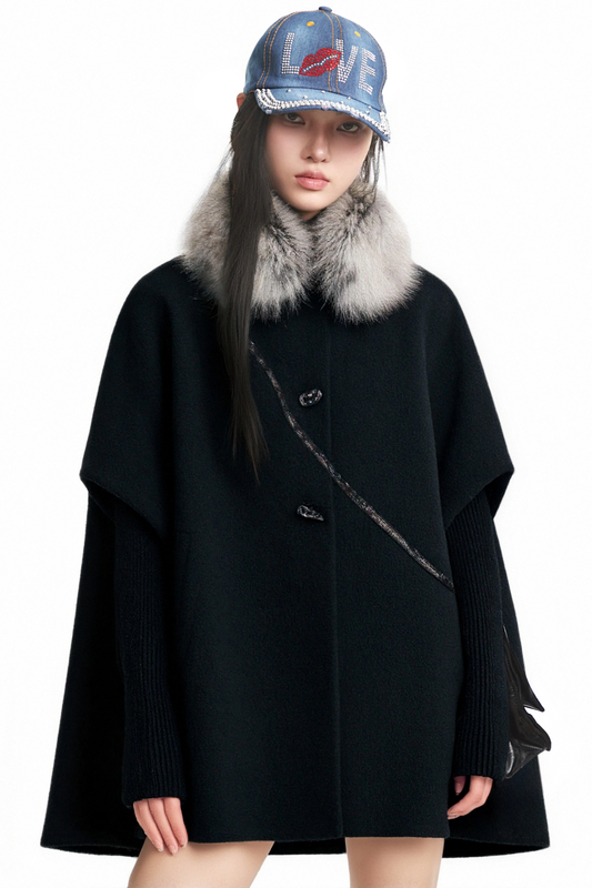 Black Fur Collar Wool Cape
