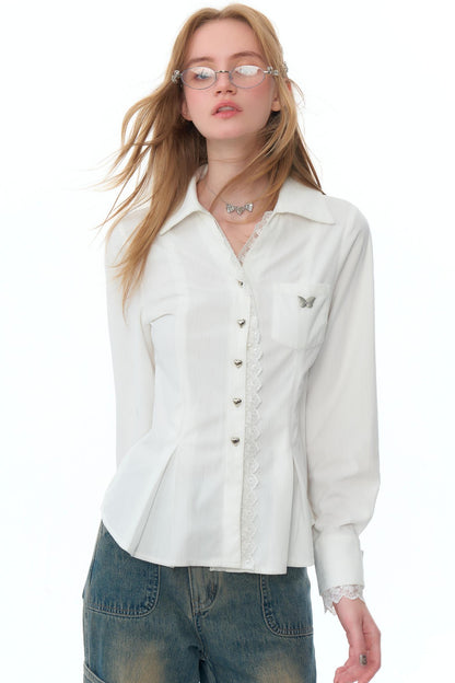 White Slim Lace Long-Sleeve Shirt