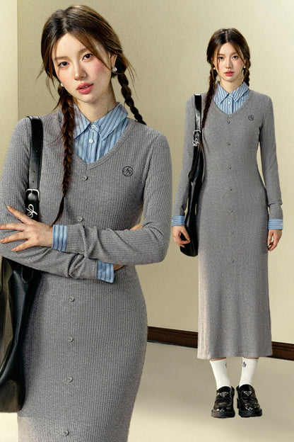 Slim Fit V-Neck Knit Dress