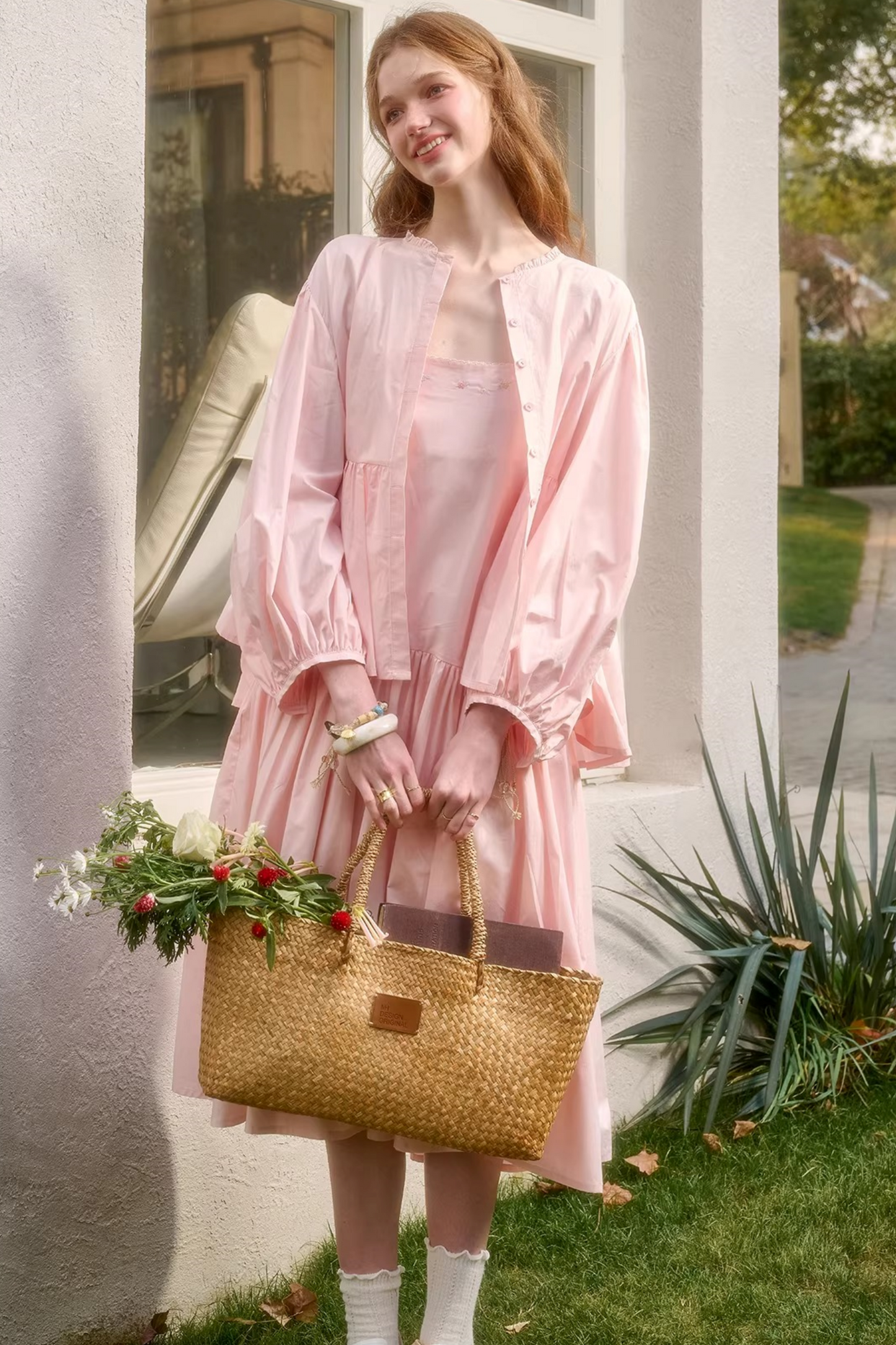 베이비 핑크 코튼 드레스 셋업