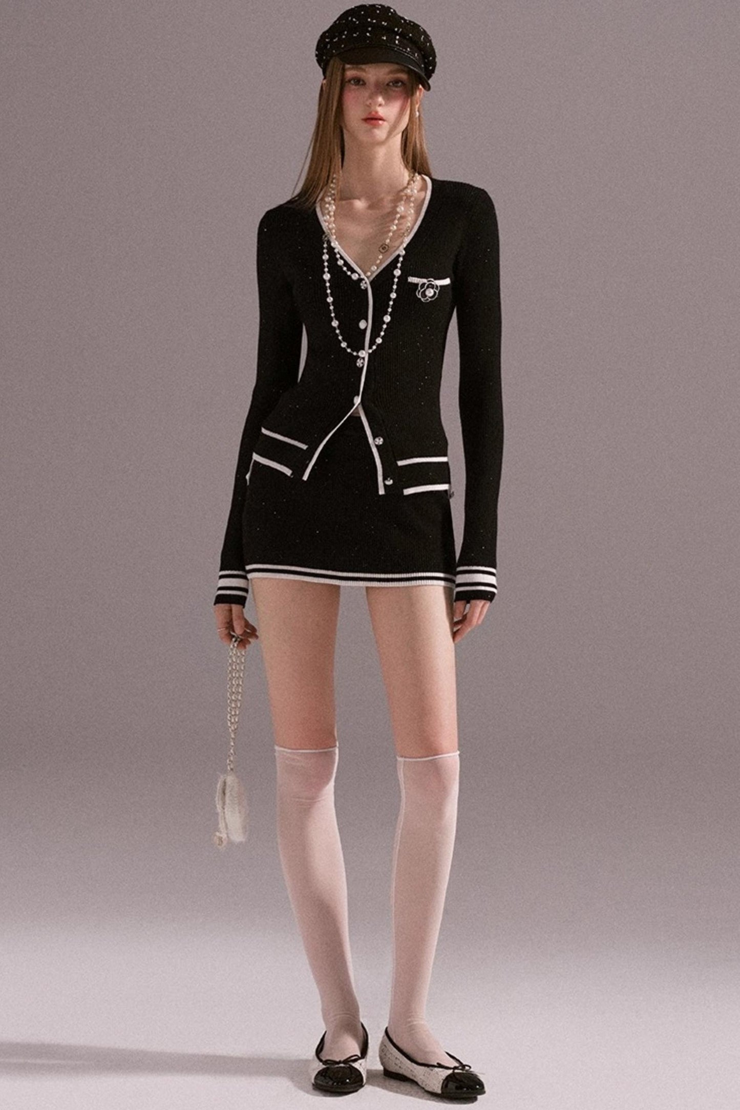 Hot Girl Contrast Knit Cardigan Suit Set-Up