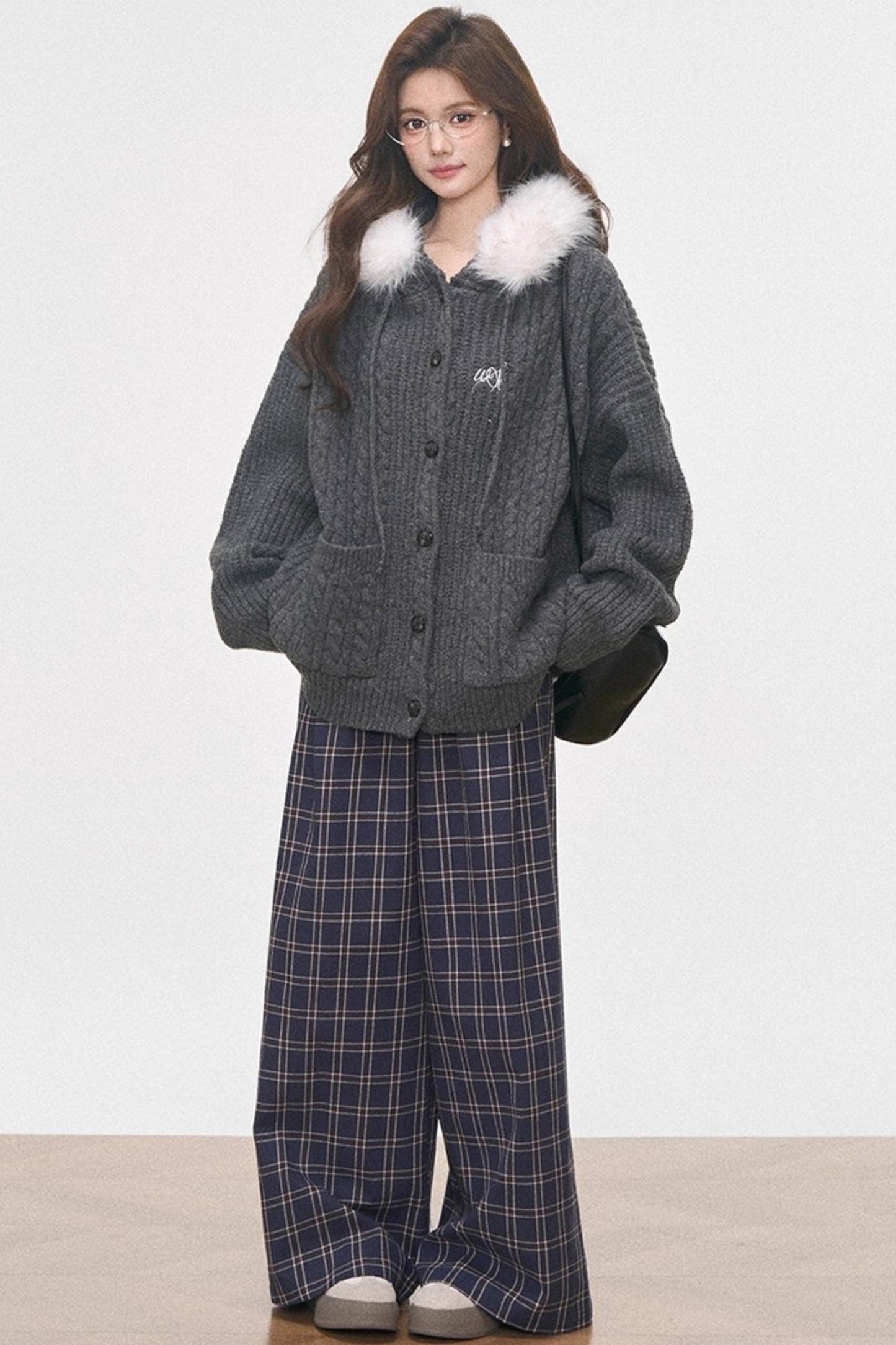 Fur Collar Knitted Jacket Set-Up