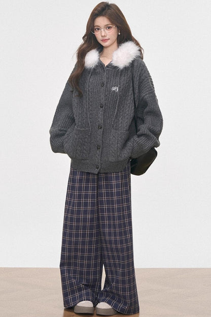 Fur Collar Knitted Jacket Set-Up