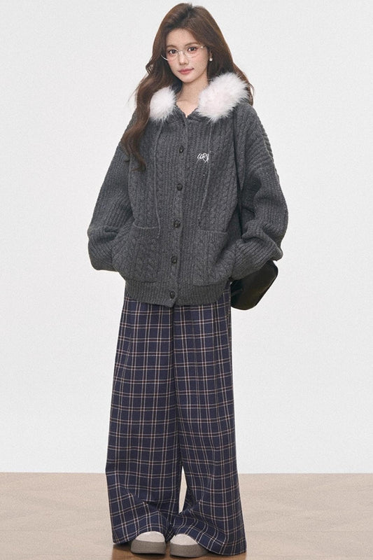 Fur Collar Knitted Jacket Set-Up