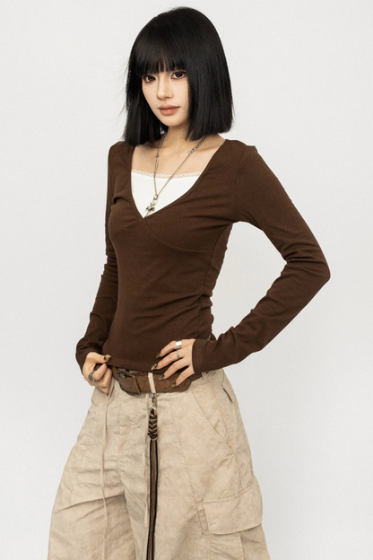 Retro Color-Block V-Neck Top
