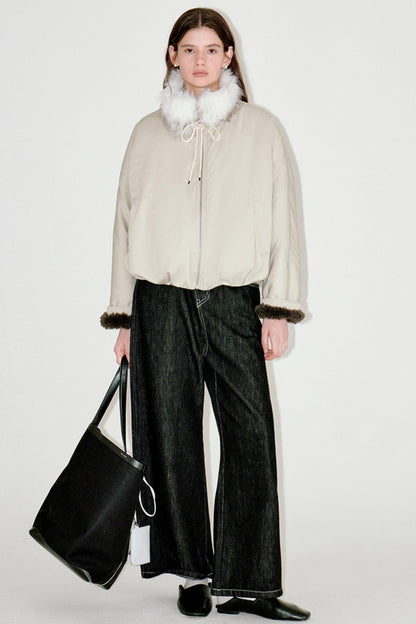 Beige Floral Fur Collar Jacket