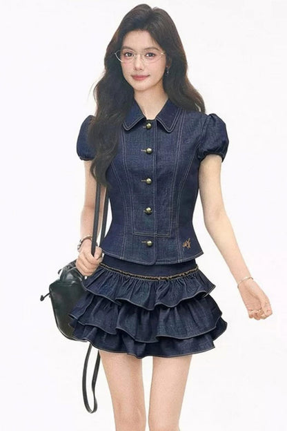 Completo estivo in finto denim con blusa e gonna