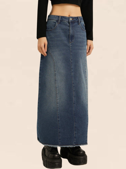 Retro straight denim midi skirt