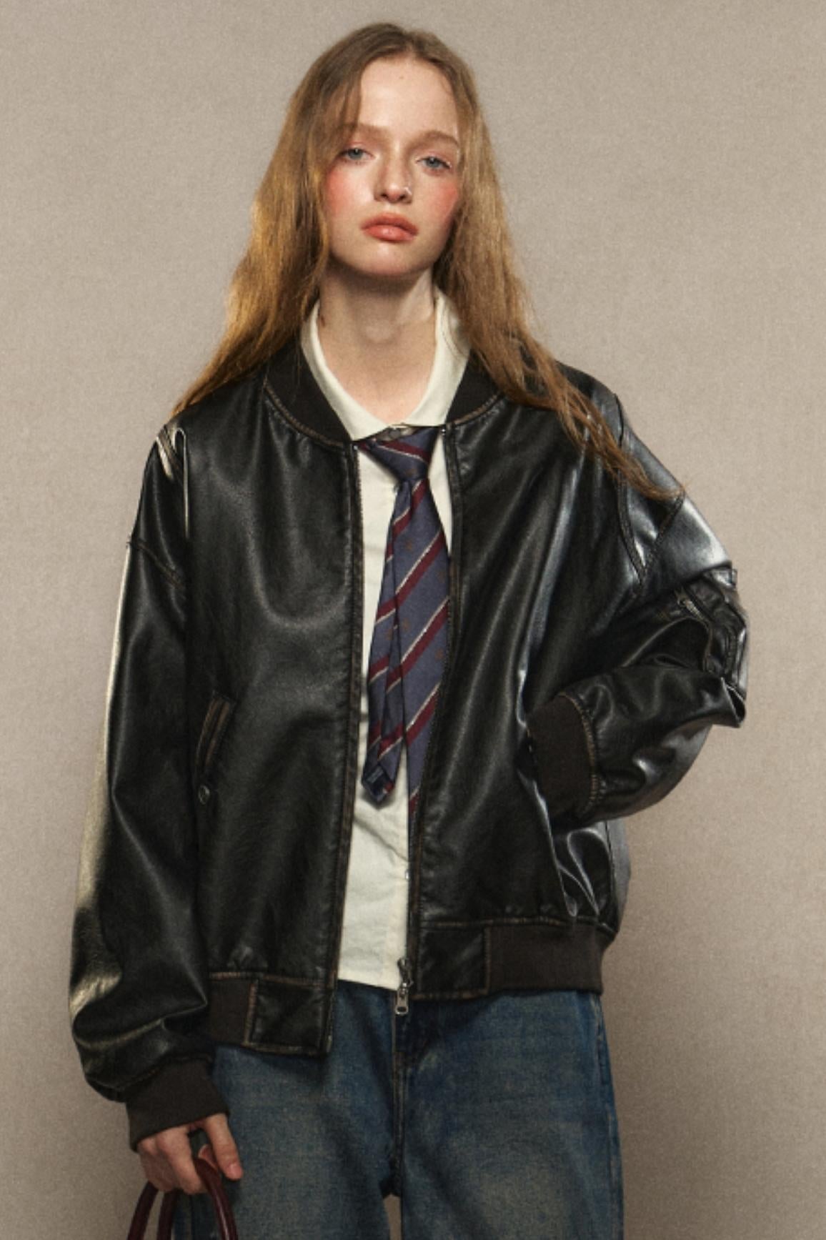 LOLOL ® 24FW Vintage Black Cropped Lederjacke Damen Herbst 2024 neue Motorrad Baseball Jacke