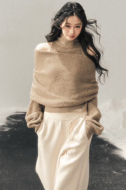 High-Neck Off-Shoulder Knit Sweater Set