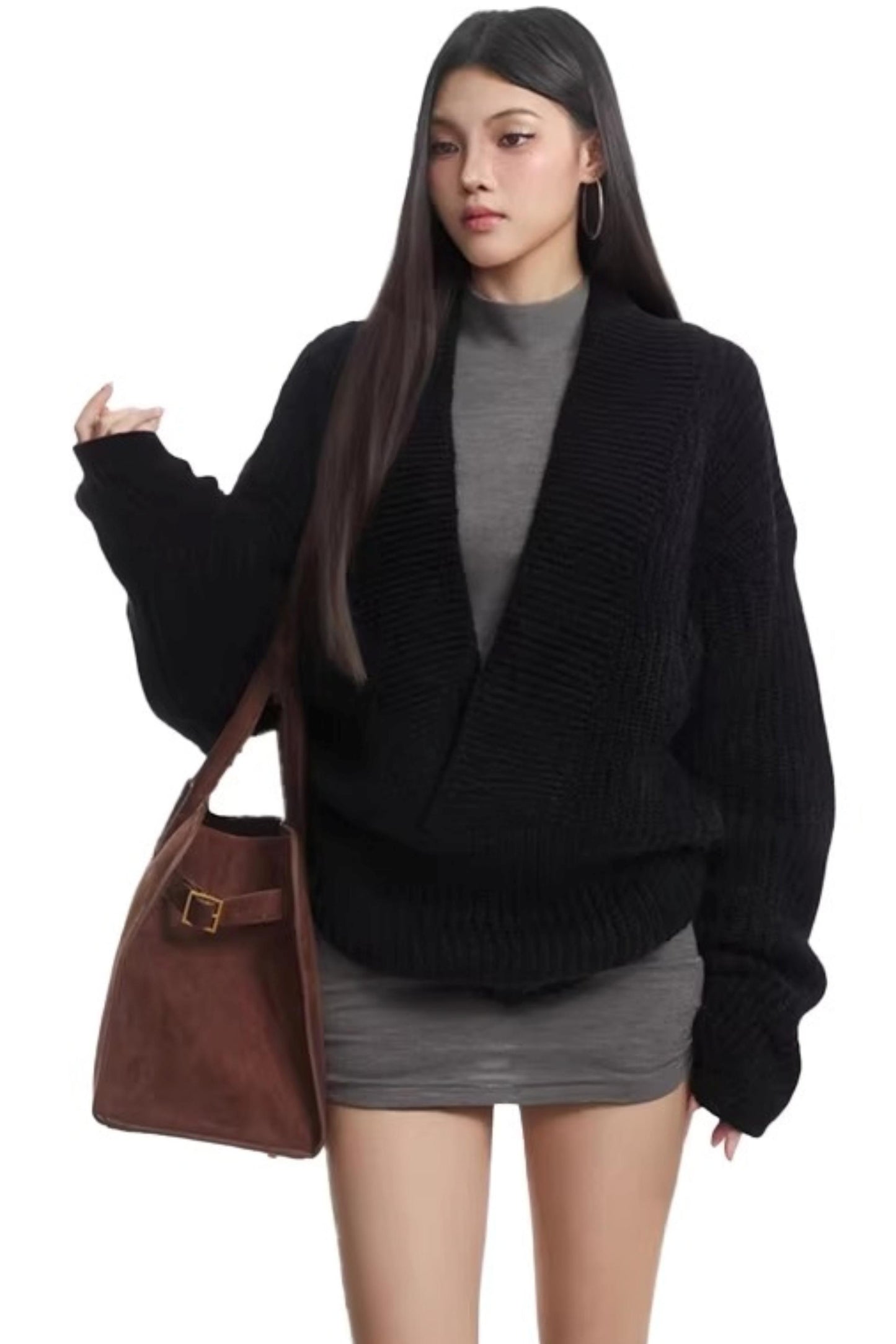 Knitted V Neck Cardigan Dress Set-Up