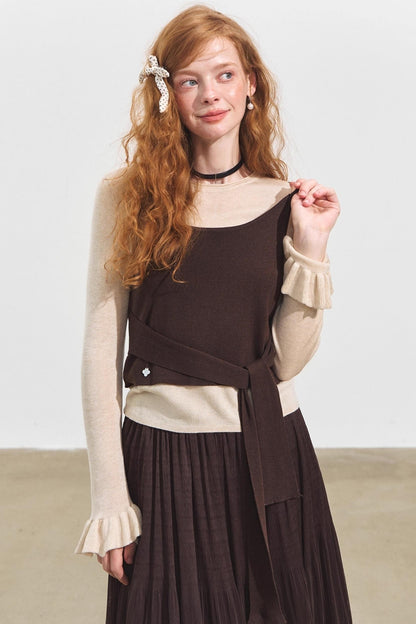 Fake Two Contrasting Lace-Up Top