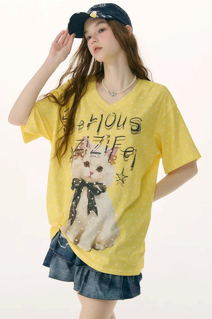 Yellow Cat Print Polka Dot T-Shirt