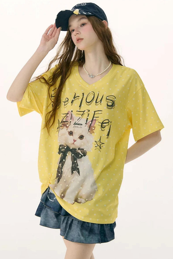 Yellow Cat Print Polka Dot T-Shirt