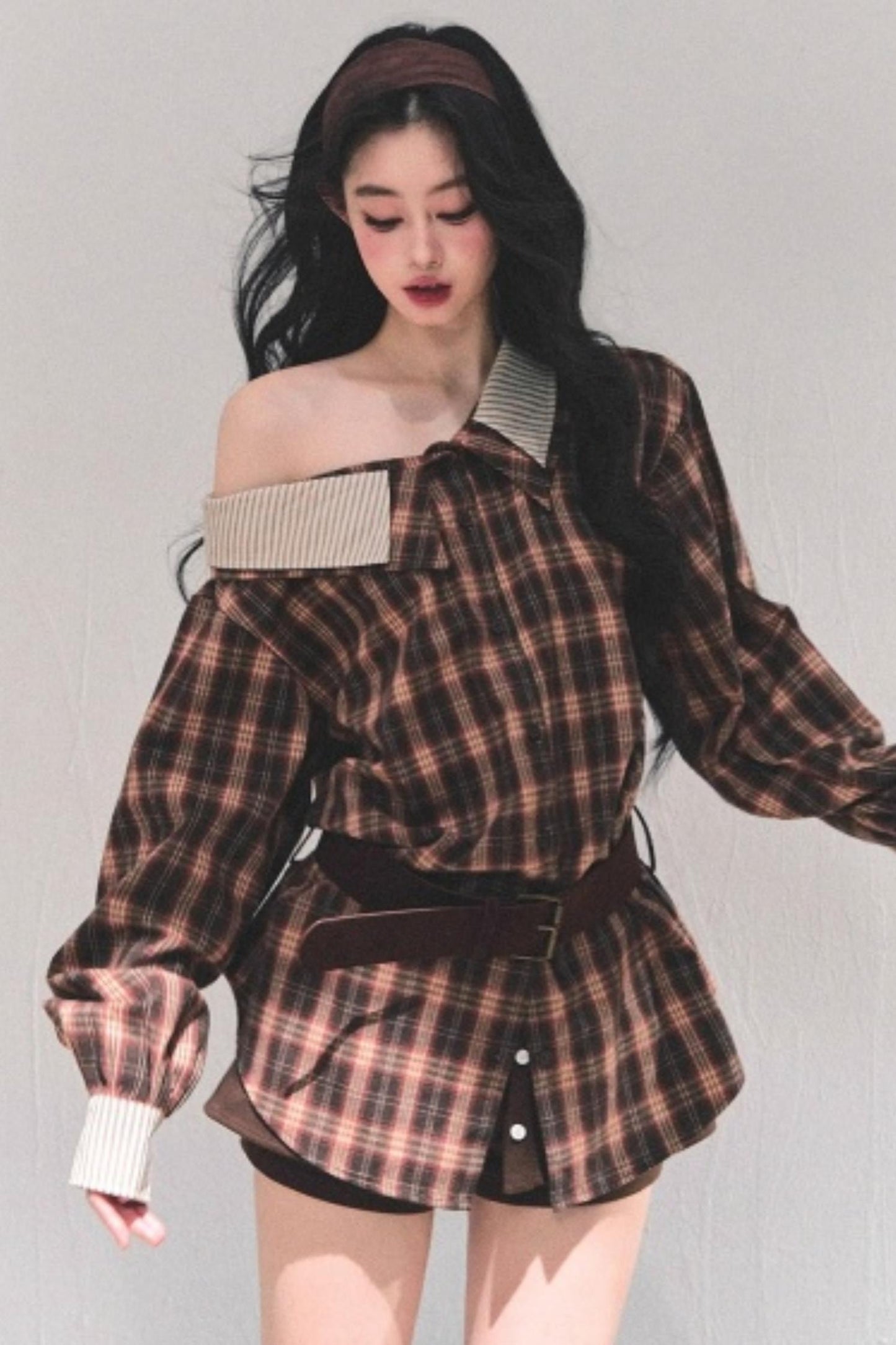 Off-Shoulder Plaid Shirt