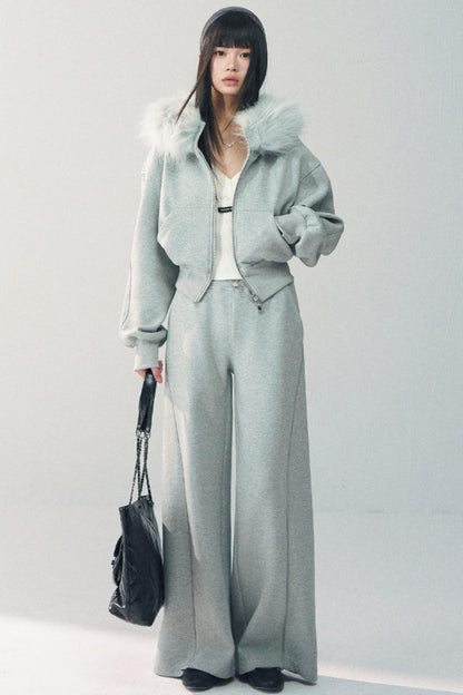 탈부착 가능한 모피 칼라 스웨트셔츠 재킷 세트