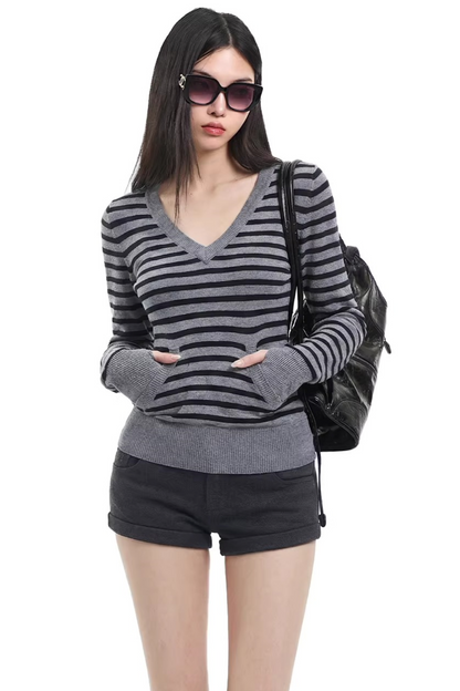 Retro Striped Hooded Knit Top
